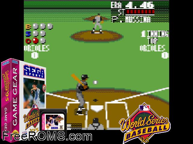 World Series Baseball '95 Game Gear game showing 3D box cover and gameplay screenshot